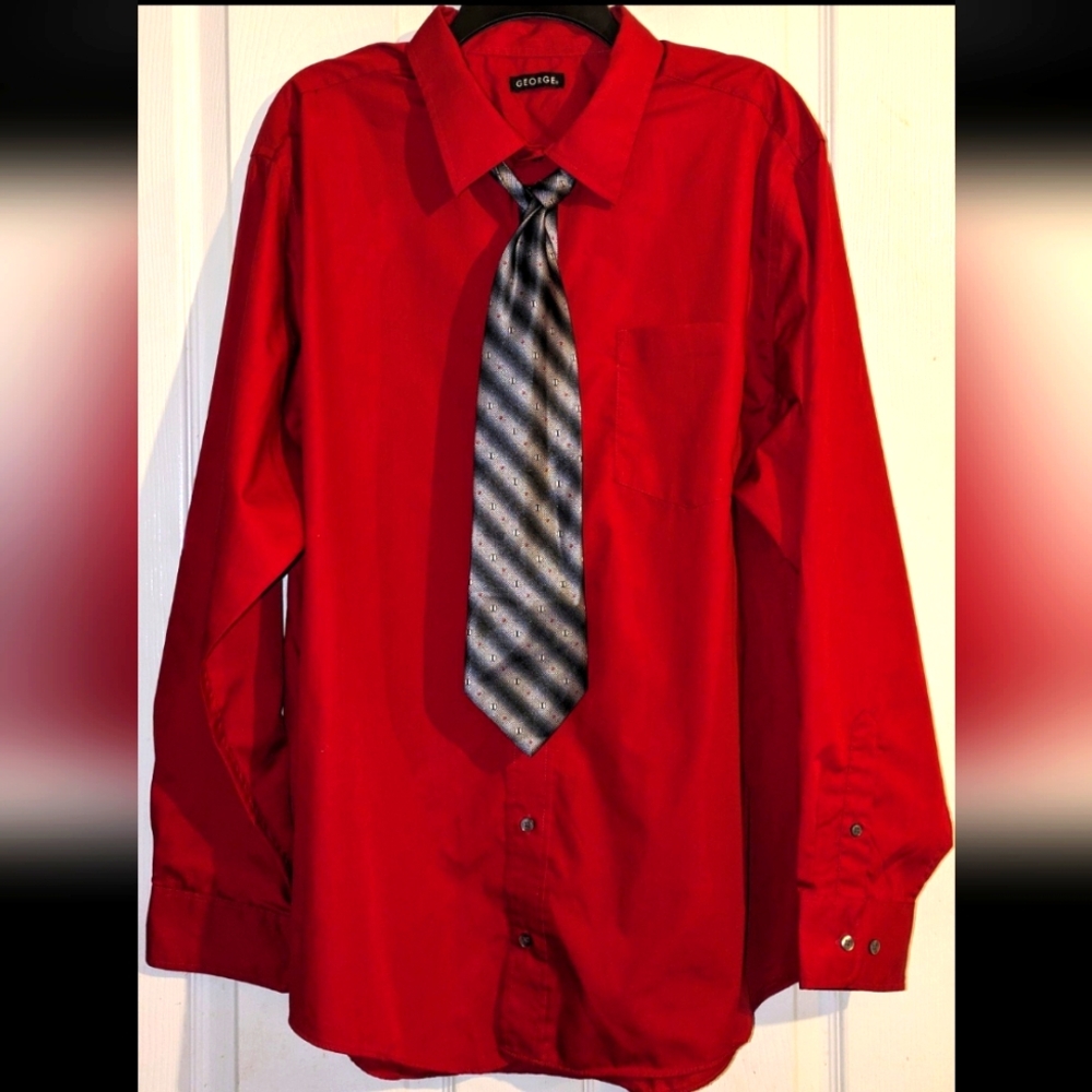 George Men's Long Sleeve Red Dress Shirt and Tie Set Size 2XL 50-52 36-37